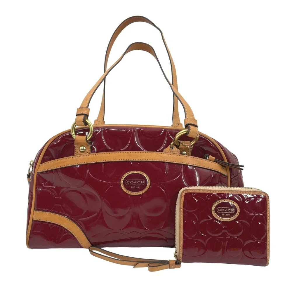 Coach Satchel Bag Women Medium Red Patent Leather Signature C Set Wallet Vintage